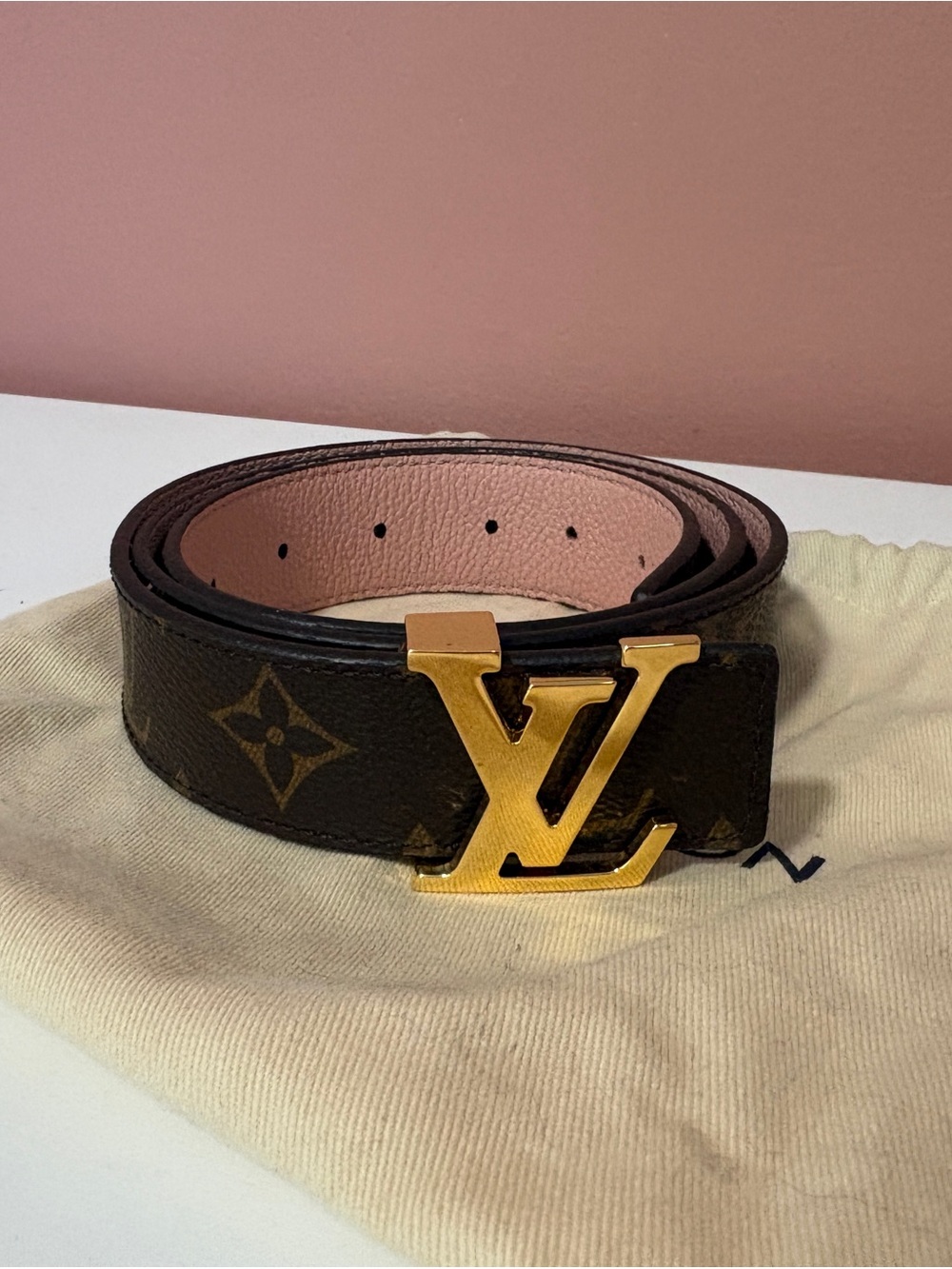 Louis Vuitton Monogram Reversible Brown & Pink LV Initials Belt